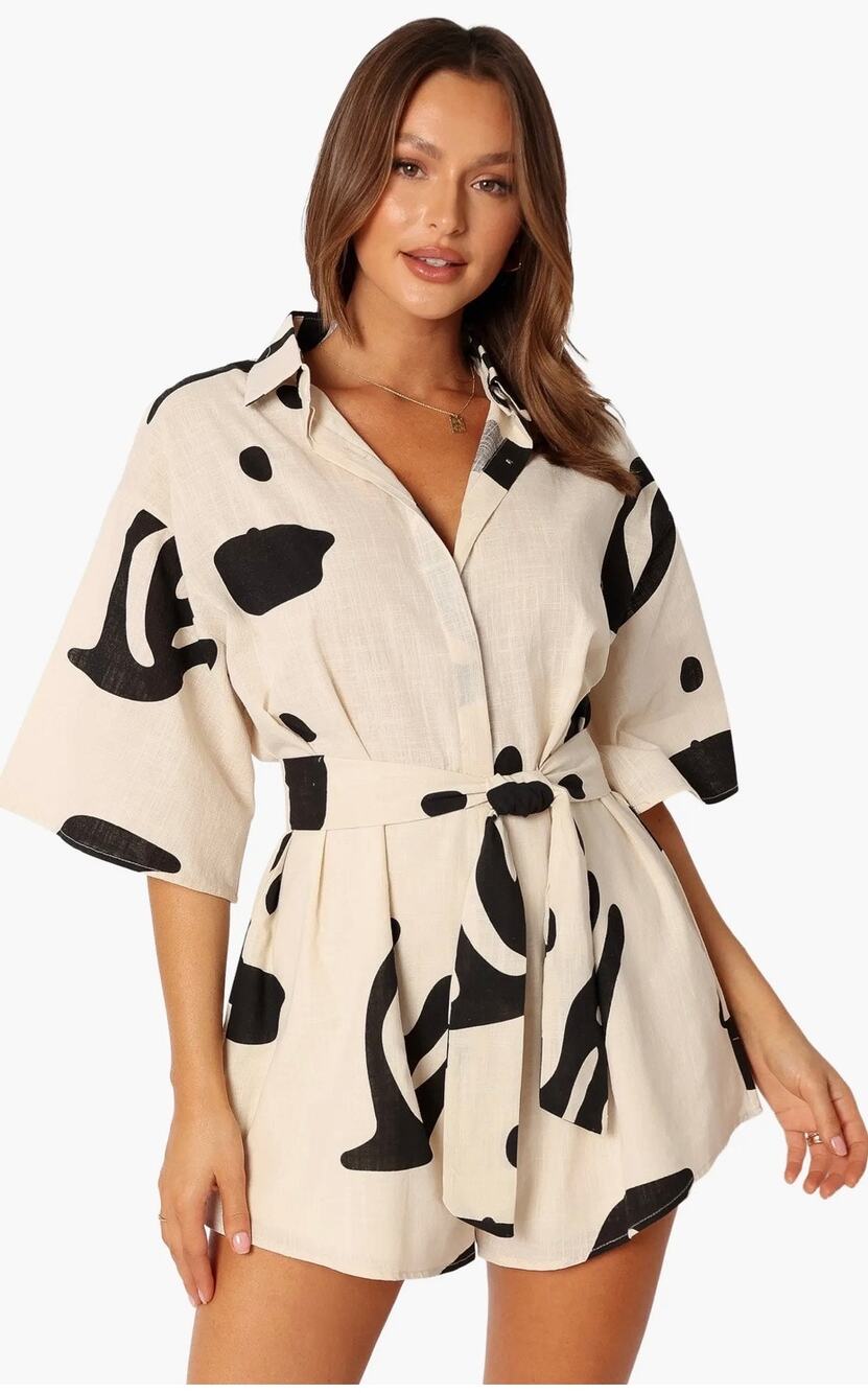 Petal Pup Cream Black Abstract Print Oversized Shorts Romper Large Resort Chic